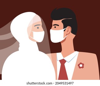 Islamic bride and groom in facial mask, wedding lockdown. Flat vector stock illustration. Man and woman, wedding ceremony. Virus protection. Covid at the wedding. Vector graphics