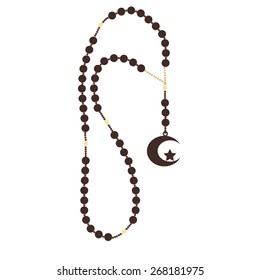 Islamic brown rosary beads with star and moon vector isolated, turkish rosary beads