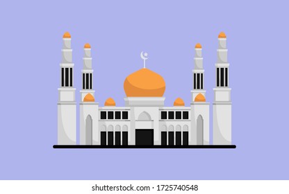 Islamic Building Mosque with tower in flat illustration style. Beautiful landmark of Islam architecture. 