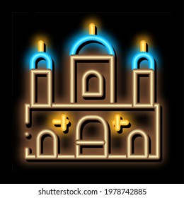 Islamic Building neon light sign vector. Glowing bright icon Islamic Building sign. transparent symbol illustration