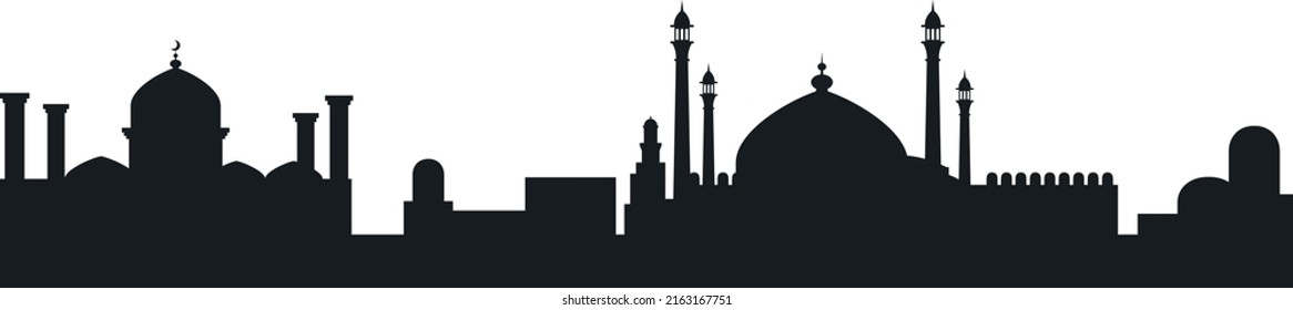 Islamic buildings black silhouette. Eastern mosques panorama