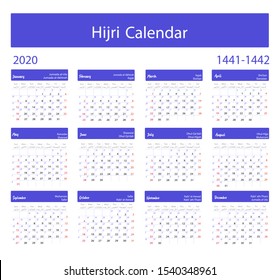 Islamic Calendar 2020. Hijri 1441 to 1442 islamic design template. Vector Celebration template with week starting on sunday in white background. 