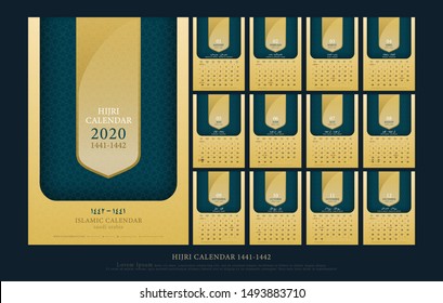 islamic calendar 2020 hijri 1441-1442 design template. Simple luxury elegant gold wall and desk type. artwork A5 size with islamic pattern template. vector illustration