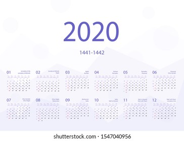 Islamic calendar 2020 hijri 1441-1442. Vector Celebration template with week starting on sunday in soft violet geometric background.
