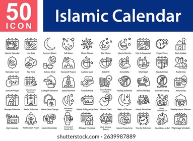 Islamic Calendar Collection of Icons with Outline Style Containing: Islamic Calendar  ,Hijri Date  ,Crescent Moon  ,Full Moon  ,Moon Phases  ,Star and Moon  ,Islamic Months  ,Hijri to Gregorian