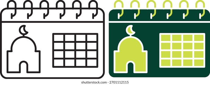"Icono de calendario islámico con fechas Hijri, luna creciente y estrellas, Ramadán, Eid y concepto de vacaciones islámicas en estilo plano, perfecto para App, Sitios web y materiales educativos