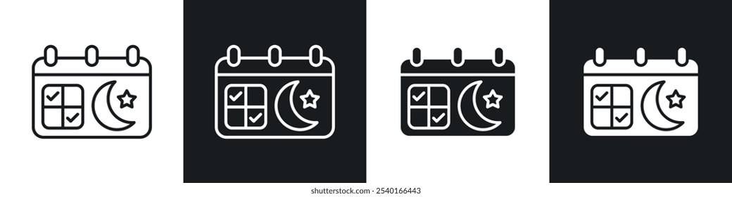 Islamic calendar icon set. Vector symbols in black and white colors.