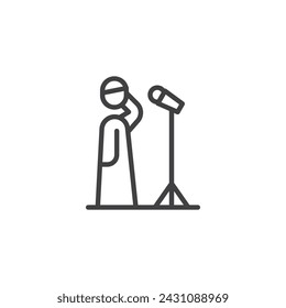 Islamic Call to Prayer line icon. linear style sign for mobile concept and web design. Muslim man with microphone outline vector icon. Adhan symbol, logo illustration. Vector graphics