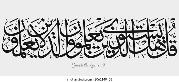 Islamic Calligraphy for Quran Surah Az-Zumar 9. Translated: Say, "Are those who know equal to those who do not know?".