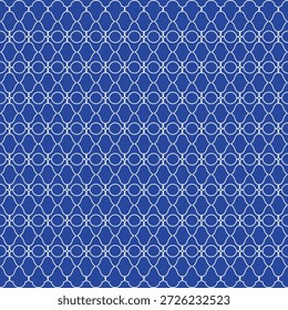 Ein islamischer, fesselnder blauer Hintergrund, der mit einem sich wiederholenden geometrischen Muster geschmückt ist. Das Muster besteht aus miteinander verbundenen weißen Kreisen, die ein faszinierendes Gitterdesign bilden.