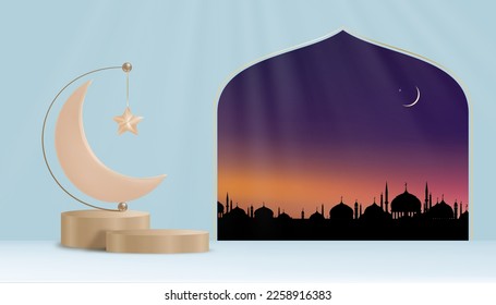 Islamic card Crescent Moon 3D podium with Silhouette Dome Mosques and Star on Dusk sky background,Vector Backdrop of Religion of Muslim Symbolic,Eid ul fitr,Ramadan Kareem,Eid al Adha,Eid Mubarak