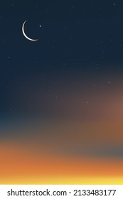 Islamic card with Crescent moon on Blue,Orange sky background,Vertical banner Ramadan Night with Dramtic Suset,twilight dusk sky for Islamic religion, Eid al-Adha,Eid Mubarak,Eid al fitr