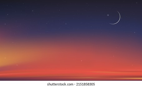Islamic card with Crescent moon on Blue,Orange sky background,Vetor banner Ramadhan Night with Dramtic Suset,twilight dusk sky for Islamic religion,Eid al-Adha,Eid Mubarak,Eid al fitr,Ramadan Kareem