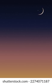 Islamic card with Crescent moon on Blue,Yellowsky background,Vertical banner Ramadan Night with Dramtic Suset,twilight dusk sky for Islamic religion,Eid al Adha,Eid Mubarak,Eid al fitr,Ramadan Kareem