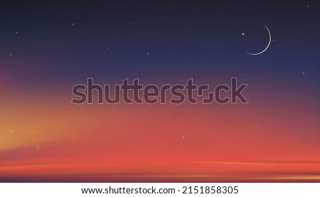 Islamic card with Crescent moon on Blue,Orange sky background,Vetor banner Ramadhan Night with Dramtic Suset,twilight dusk sky for Islamic religion,Eid al-Adha,Eid Mubarak,Eid al fitr,Ramadan Kareem