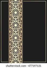Islamic card. Golden border on black background. Vector template for restaurant menu. Wedding invitation in luxury style. Rising sun pattern.