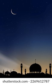 Islamic card with Mosques dome,Crescent moon on blue sky background,Vertical banner Ramadan Night with twilight dusk sky for Islamic religion,Eid al Adha,Eid Mubarak,Eid al fitr,Ramadan Kareem