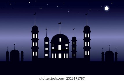 Islamic card with Silhouette Dome Mosques, moon on blue nnd black sky background,Vetor Ramadhan Night with twilight dusk sky for Islamic religion,Eid al-Adha,Eid Mubarak,Eid al fitr,Ramadan Kareem