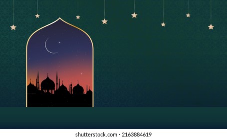 Islamic card with Silhouette Dome Mosques,Crescent moon,orange sky,Vetor Ramadhan Night with star on lunar art deco green background,Islamic religion,Eid al-Adha,Eid Mubarak,Eid al fitr,Ramadan Kareem