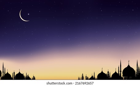 Tarjeta islámica con mezquitas de la cúpula de la silueta, luna creciente en el fondo del cielo naranja, noche de Vetor Ramadán con el cielo crepúsculo para la religión islámica, Eid al-Adha, Eid Mubarak, Eid al fitr, Ramadan Kareem