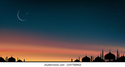 Islamic card with Silhouette Dome Mosques,Crescent moon,orange,blue sky background,Vetor Ramadhan Night with twilight dusk sky for Islamic religion,Eid al-Adha,Eid Mubarak,Eid al fitr,Ramadan Kareem