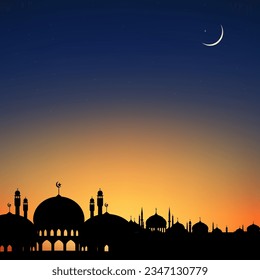 Islamic card with Silhouette Dome Mosques,Crescent moon on sky background,Vetor Ramadhan Night with twilight dusk sky for religion,Eid al Adha,Eid Mubarak,Eid al fitr,Ramadan Kareem,New year Muharram