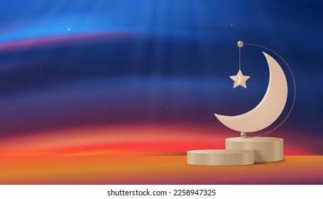 Islamic card,3D podium Crescent moon on Sunset sky background,Vetor Backdrop of Ramadhan Night with twilight dusk sky for muslim,Islam religion,Eid al-Adha,Eid Mubarak,Eid al fitr,Ramadan Kareem