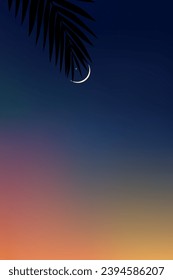 Islamic Card,Sky Night and Palm Leaves silhouette with Crescent Moon,Star,Ramadan Eid Background with Sunset Sky,Vector festive symbol Islamic religion Ramadan,Eid al Adha,Eid al fitr,Mubarak,Muharram