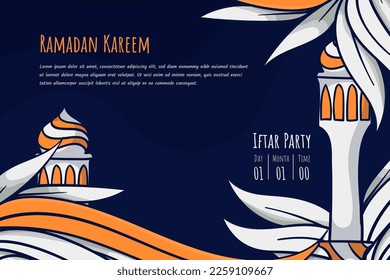 Diseño de fondo de caricatura islámica con mezquita en ánimo nocturno para plantilla ramadan kareem