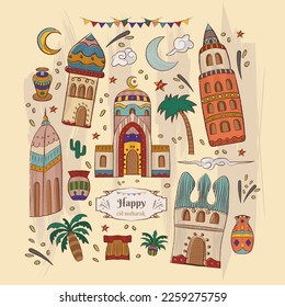 Islamic cartoon painting vector illustration for Ramadan Kareem and Eid mubarak, with mosque, pattern and other, very suitable for background, poster ,congratulations card and for all your ideas 3