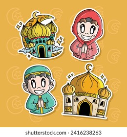 Islamic cartoon vector illustration set. Hand drawn vector illustration.