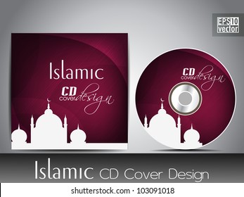 Islamic CD cover design with Mosque or Masjid silhouette with wave and grunge effects in magenta  color. EPS 10, vector illustration.