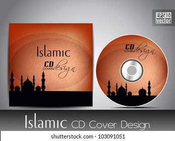 Islamisches CD-Cover-Design mit Moschee oder Masjid Silhouette mit Welleneffekten und Blumeneffekten in orangefarbener Farbe. EPS10, Vektorgrafik.
