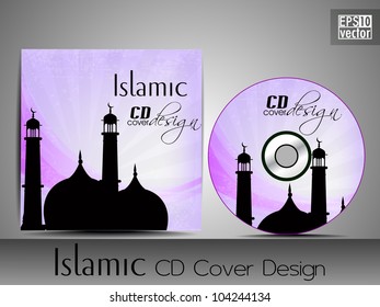 Islamisches CD-Cover-Design mit Moschee oder Masjid Silhouette mit violettem Farbmuster. EPS10. Vektorgrafik.