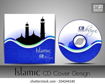 Design de capa de CD islâmico com silhueta de mesquita ou masjid com design abstrato floral azul e padrão de onda. EPS 10. Ilustração vetorial.