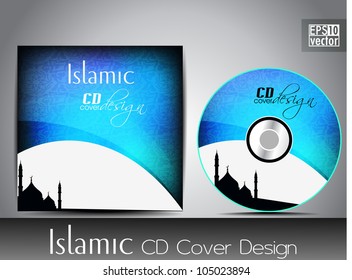 Diseño de portada de CD islámico con silueta de mezquita o mezquita masjid con patrón de onda abstracta en color azul. EPS 10. Ilustración vectorial.