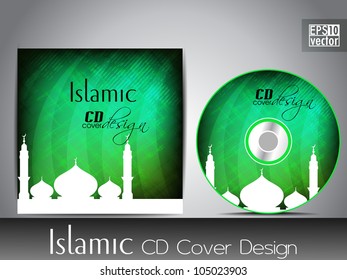 Islamic CD cover design with Mosque or Masjid with abstract wave pattern in green color. EPS 10. Vector illustration.