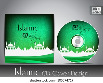 Islamic CD cover design with Mosque or Masjid silhouette with wave and grunge effects in green color. EPS 10, vector illustration.