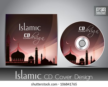 Islamic CD cover design with Mosque or Masjid silhouette with wave and grunge effects in green color. EPS 10, vector illustration.