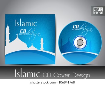 Diseño de portada de CD islámico con silueta de mezquita o mezquita masjid con efectos ondulados y ondulados en color verde. EPS 10, ilustración vectorial.
