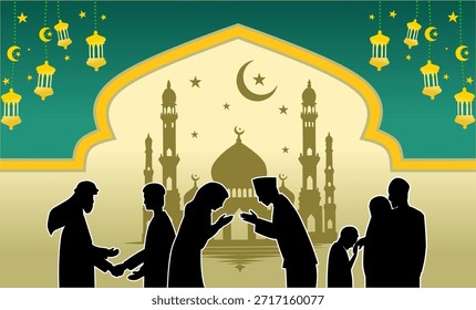 Islamischer feierlicher Hintergrund. Moschee, Laterne, Menschen Vergebung. Eid al Fitr, Vektordesign-Illustration.