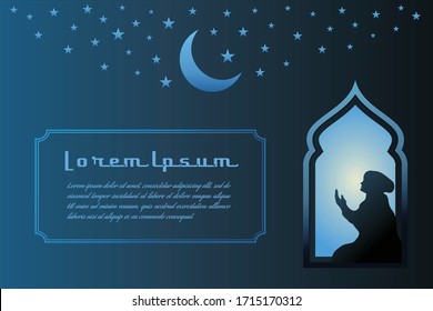 
Islamic celebrating ramadan kareem eid mubarak adha greeting weeding invitation night moon stars prayer blue wallpaper background banner vector design