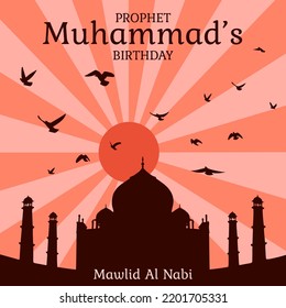 Islamic Celebration of Al Mawlid Al Nabawi Al Sharif. Beautiful landscape of rising sun over Taj Mahal with text Mawlid Al Nabi and Prophet Muhammad's birthday for banner, poster, wallpaper design.