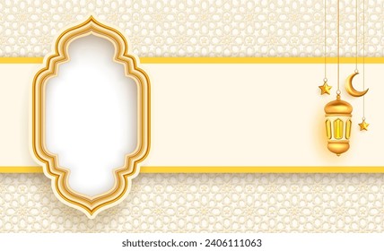 Islamic celebration banner template with empty space for photo, copy space for text area, lantern and crescent decorative pattern background