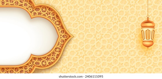 Islamic celebration Ramadan background with dome arch, lantern, copy space text area, decorative Islamic Pattern