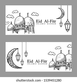 Islamic celebration vintage illustration banner with mosque,moon and lamp ornament, hand drawn style