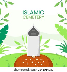 Islamic cemetery moslem grave with tombstone vector illustration to commemorate person