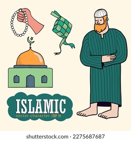 Islamic character illustration. Ramadan, Eid al-Fitr and Eid al-Adha cartoon theme icons. isolated and easily editable. vectors