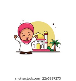 Islamic character logo illustration. cute girl with mosque background.