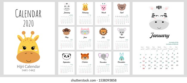 Islamic children's calendar 2020. Vector Celebration template with week starting on sunday in blue simple background. Hijri 1441 to 1442 islamic design template.